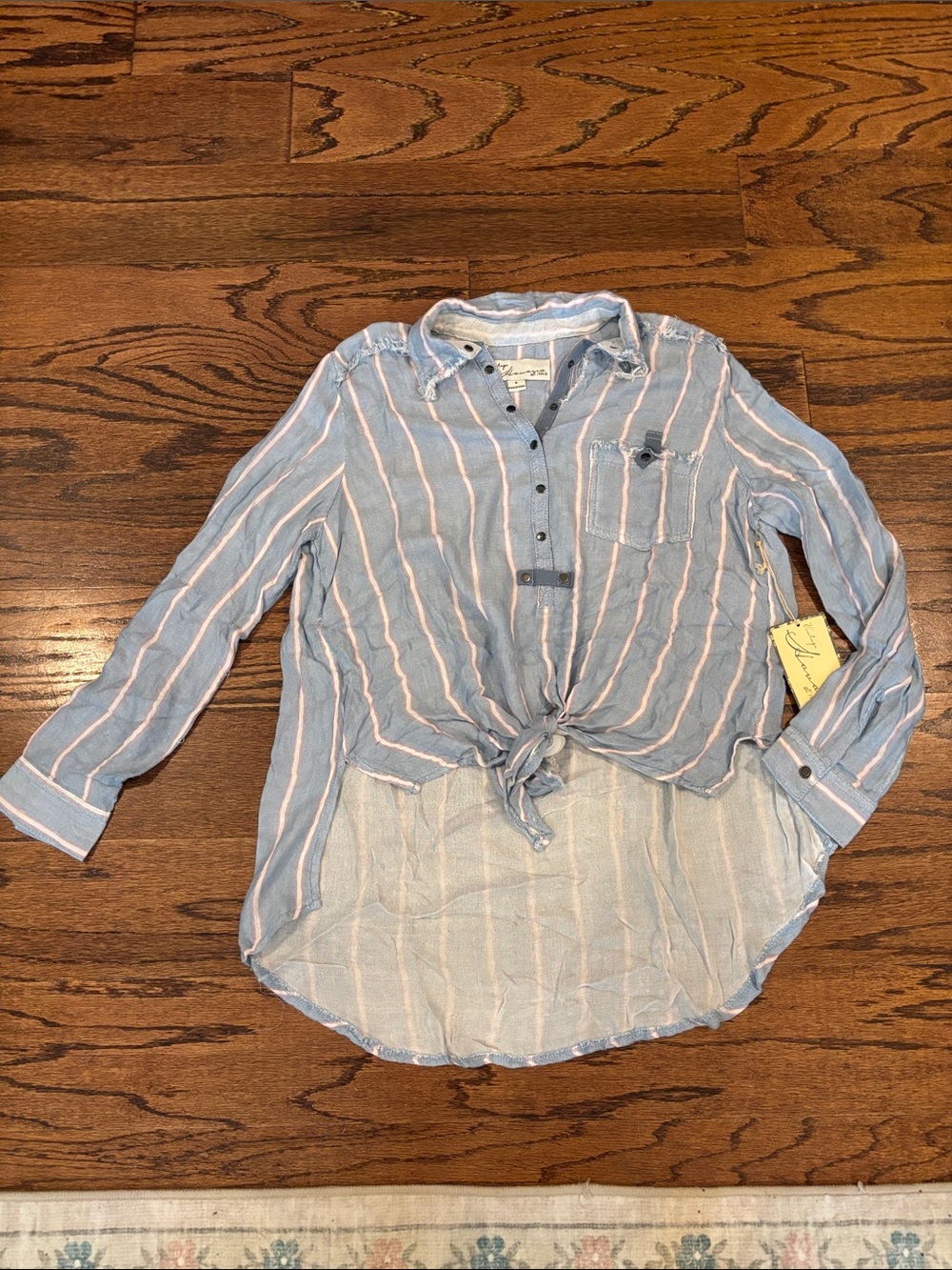Vintage Havana Light Blue and White Striped Button-Down Tie Front Shirt